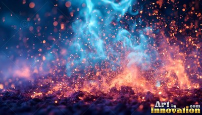 Bold orange flames mixed with swirling blue smoke rise above dark ground into the air