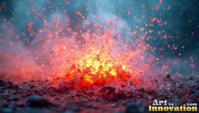 Molten rock bursts outward from the dark ground in vivid orange sparks