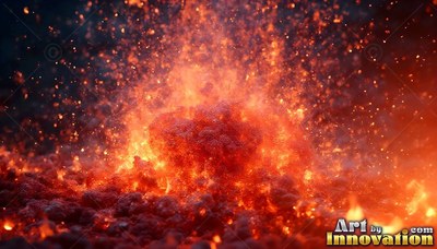 A close-up view of red hot lava bursting upward into dark air
