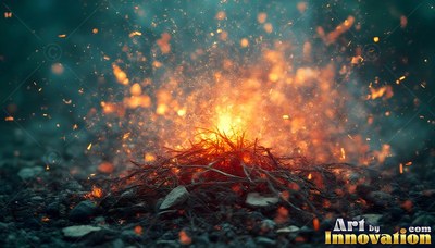 A small campfire of twigs sending brilliant orange sparks into the dark teal night air