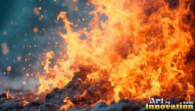 Against a dark background , brilliant orange flames rise from ash with sparks flying