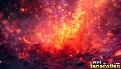 Bursting from dark ground, fiery orange fire casts sparks into red smoke