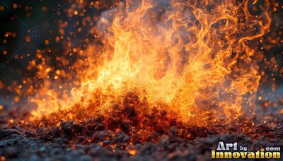 Vivid orange flames bursting from dark ground with sparks