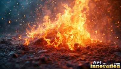 Bright yellow flames flare from a pile of dark dirt covered in flying sparks