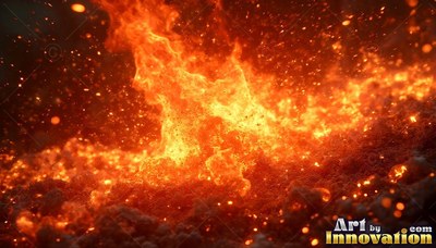 A bed of fire throws bright sparks into dark air above yellow flames