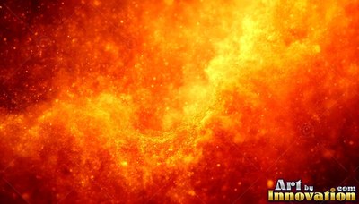 Flowing diagonally across the dark space, fiery clouds swirl with bright sparks