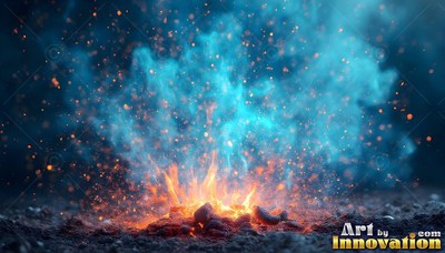 A small campfire on dark ground sending sparks into bright blue smoke