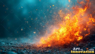 On dark gravel, vivid orange flames burst into a hazy blue haze