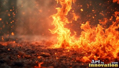 Rising from dark gravel, bright yellow and orange fire twists upward into smoke