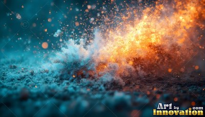 Bright orange sparks spray upward from cold blue powder across a dark rocky ground
