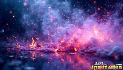 Spreading low across a wet floor, pink clouds of smoke mix with bright fire sparks