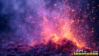 Orange sparks burst up from dark purple ground into hazy smoke