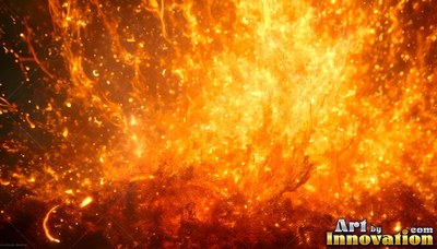 In a dark space, vivid orange flames rise up with flying yellow sparks