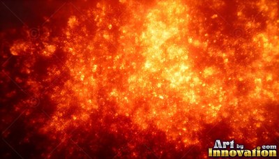 Bursting with bright yellow heat, a cloud of red fire spreads across the space