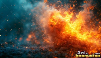 Orange sparks rise from a bright blast of fire over rough ground in dark smoke