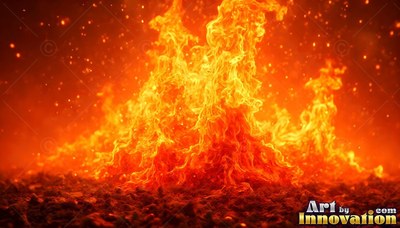 Flames rising from dark ground into bold orange and yellow light