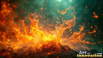 Curling upward from dark soil, bright orange flames rise into dark air