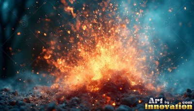 Bold orange sparks burst up from dark soil against a blue background