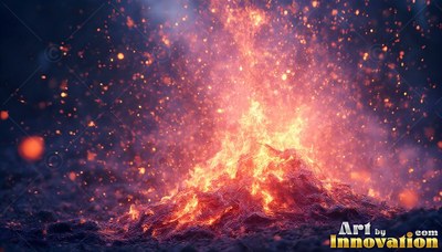 On dark ground, a bright campfire throws orange sparks into the air