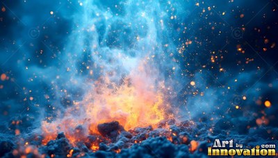 Rising through blue smoke, a small fire scatters orange sparks over dark coals