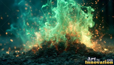 Green fire rising from dark soil with orange sparks