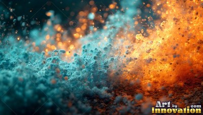 Teal frosted powder scatters across dark ground toward bold orange fire particles
