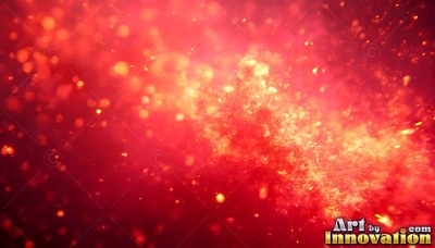 Bright sparks burst through a cloud of red dust, lit by a warm yellow shine