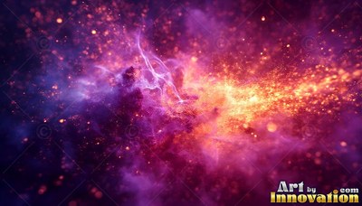 Swirling across dark space, bright orange sparks mix with purple smoke clouds