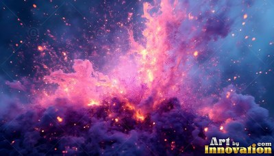 Bright pink flames and sparks shoot up through dark purple smoke