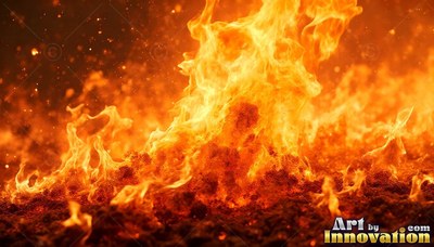 On dark ground, bright yellow and orange flames blaze upward into sparks