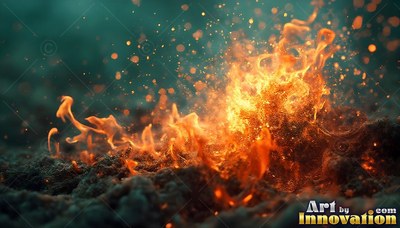 Spreading across dark soil, a bold orange fire throws sparks into the air