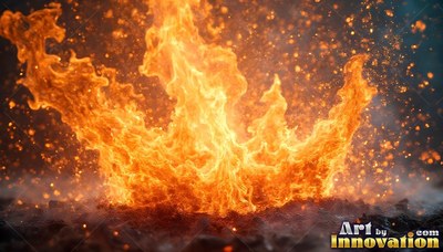 Bright orange fire rising from dark ground with flying sparks