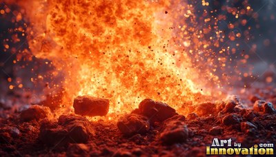 Brilliant orange sparks fly over dark hot coals during an explosion of fire on the ground