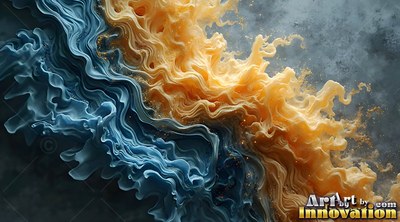 Curving diagonally across dark gray space, blue and yellow ruffled smoke swirls