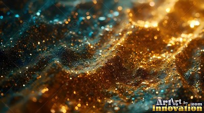 Glittering gold and midnight blue sand forms rolling, shiny dunes