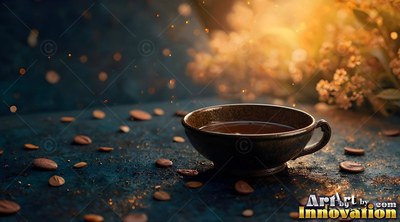 On a dark blue table, a small teacup rests beside coffee beans in warm light
