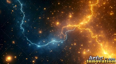 Streaking across deep space, blue and orange lightning arcs through shining stars