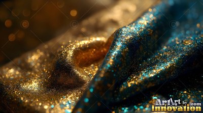 Glittering gold and blue fabric draped in soft folds in dim light
