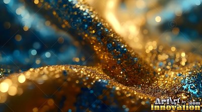 Grains of gold glitter cover rolling blue waves under soft, blurred light circles