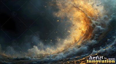 An ocean wave curls inward under dark sky, lit from within by warm yellow light