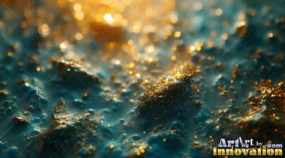 Close-up view of shiny gold flakes scattered across bumpy blue mud