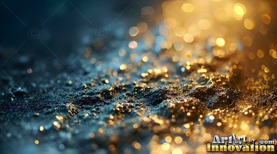 Shiny gold glitter and dark sand with soft yellow light spots in the blur