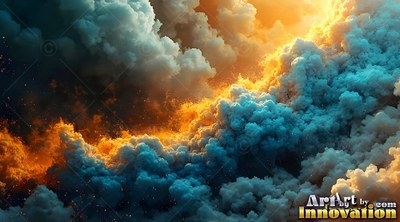 In a dark sky, dense blue clouds churn against bright orange smoke