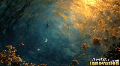 Circling deep blue water, golden sunlight washes over tiny floating figures