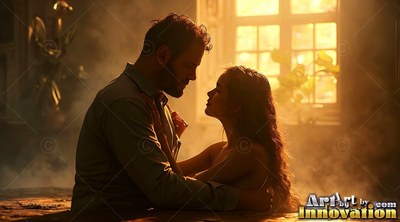 Two people embracing close by a window in warm light