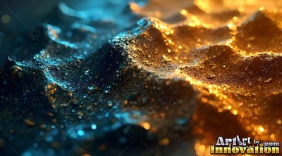 Sparkly grains cover dark ridges of textured sand lit by warm yellow and cool blue light