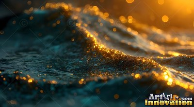 Dark ocean waves rise and roll, sprinkled with warm yellow sparkles along the crest