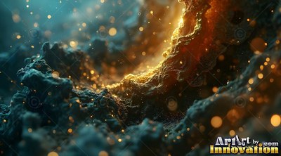 Slanted rough dark rock with bright gold specks in a cavern under warm light