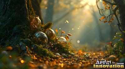 Shiny golden spheres rest in moss by a tree trunk in a sunny forest