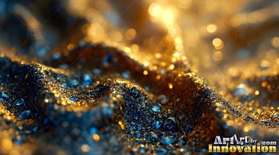 On dark folded sand, clear water droplets catch warm gold light